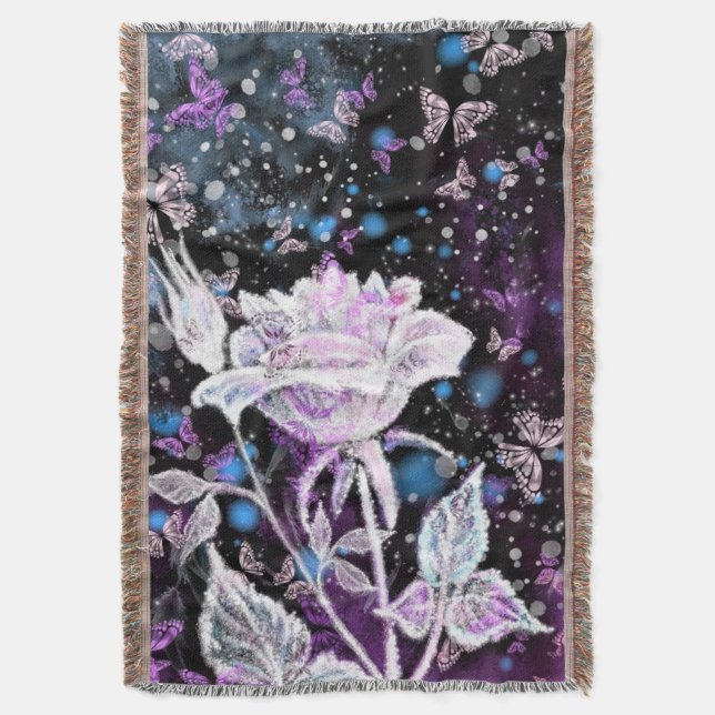 Winter Rose and Butterflies Throw Blanket (Front Vertical)