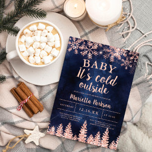 Winter rose gold snow pine navy baby shower invitation