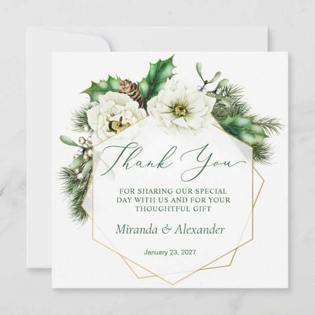 Winter Rose Pine Holly Wedding Thank You Card (Front)
