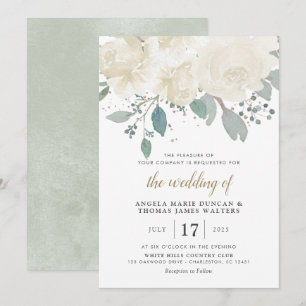Winter Roses White Gold Floral Wedding Invitation