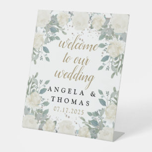 Winter Roses White Gold Floral Wedding Pedestal Sign