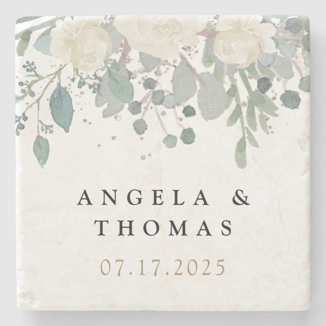 Winter Roses White Gold Floral Wedding Stone Coaster (Front)