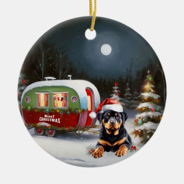 Winter Rottweiler Caravan Christmas Adventure Ceramic Ornament (Front)