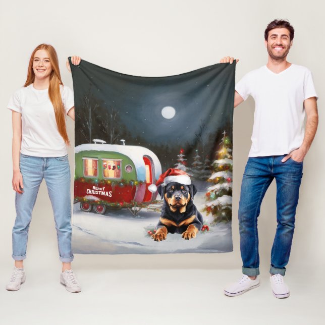 Winter Rottweiler Caravan Christmas Adventure Fleece Blanket (In Situ)