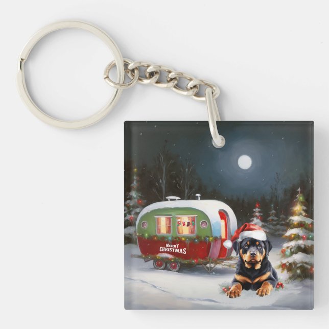 Winter Rottweiler Caravan Christmas Adventure Keychain (Front)