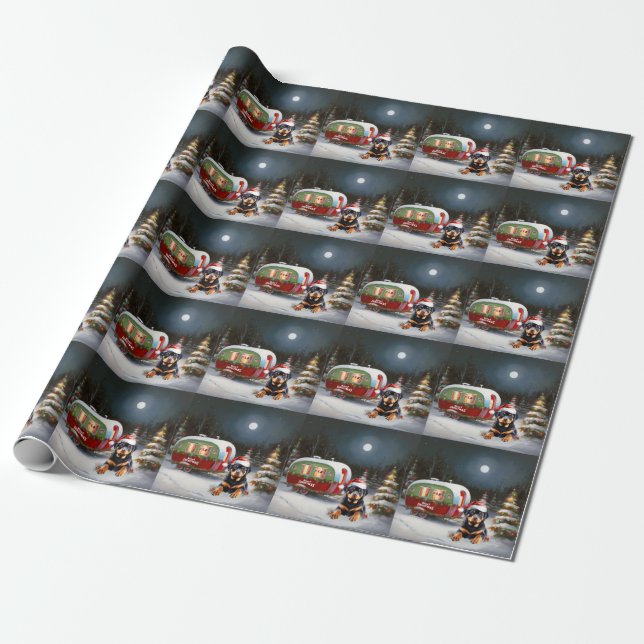 Winter Rottweiler Caravan Christmas Adventure Wrapping Paper (Unrolled)