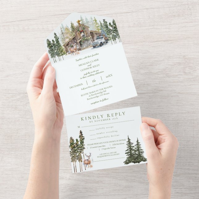 Winter Rustic Barn in Woods All in One Wedding Inv All In One Invitation (Tearaway)