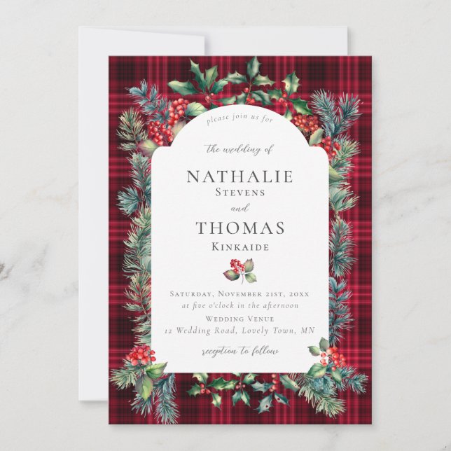 Winter Rustic Botanical Red Berries Plaid Wedding Invitation (Front)