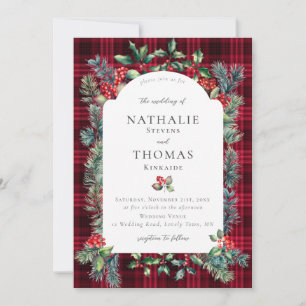 Winter Rustic Botanical Red Berries Plaid Wedding Invitation
