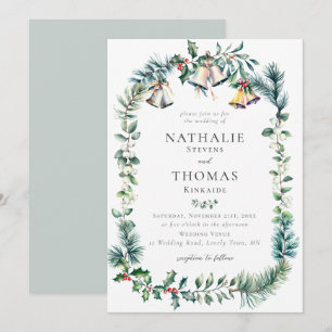 Winter Rustic Botanical Wreath Bells Pine Wedding Invitation