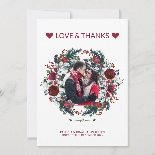 Winter Rustic Burgundy Roses Wedding Thank You Invitation (Front)