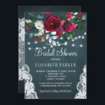 Winter rustic elegant peonies bridal shower invitation<br><div class="desc">Rustic winter seasonal bridal shower party stylish invitation template on a dark midnight blue chalkboard featuring a beautiful red wine burgundy and white peony roses bouquet with hunter pine green foliage, strings of white twinkle lights, lace corners, and a chic calligraphy script. Easy to personalize with your details! The invitation...</div>