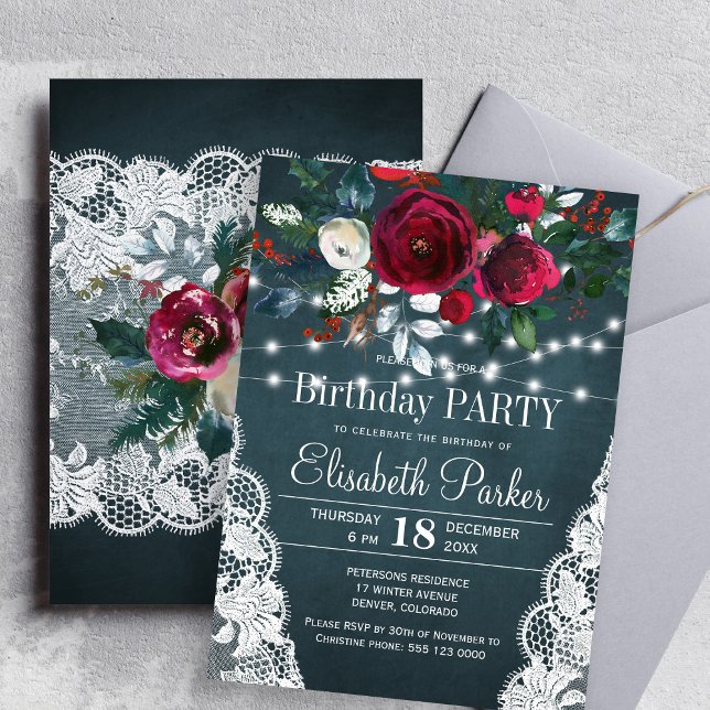 Winter rustic elegant red peonies birthday party invitation (Creator Uploaded)