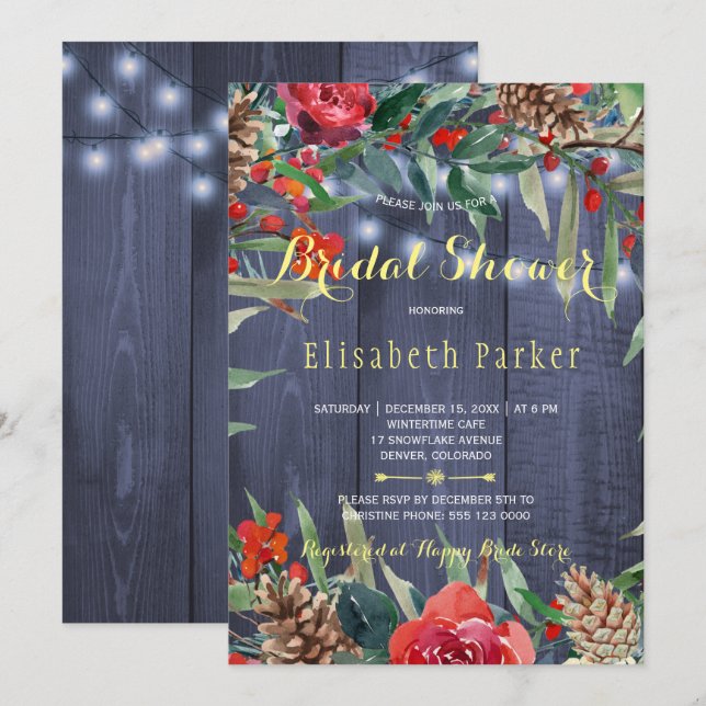 Winter Rustic Floral Bridal Shower | Navy Wood Invitation (Front/Back)