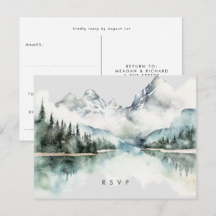 winter rustic forest lake wedding rsvp postcard