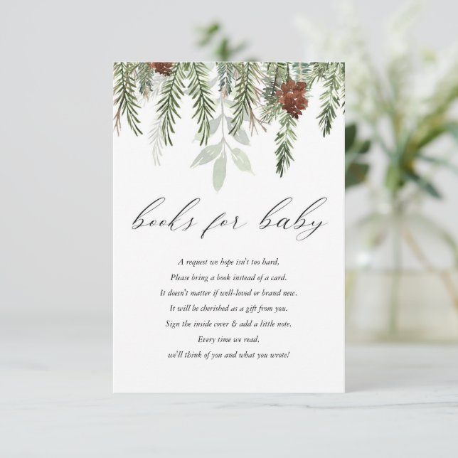 Winter rustic greenery pine tress books for baby e enclosure card (Standing Front)