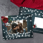 Winter rustic light string photo save date wedding announcement postcard<br><div class="desc">Burgundy red wine and white peony roses bouquet with hunter green foliage and strings of white twinkle lights on a navy blue chalkboard making a chic photo save the date wedding postcard. Easy to personalize with your image, names and text! Suitable for floral winter rustic country, farmhouse, mountains, wonderland or...</div>