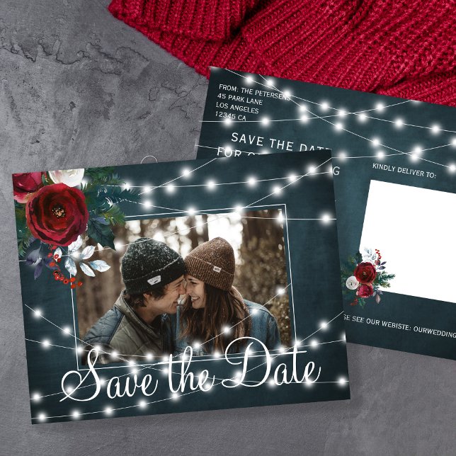 Winter rustic light string photo save date wedding announcement postcard (Creator Uploaded)