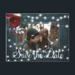 Winter rustic light string photo save date wedding announcement postcard<br><div class="desc">Burgundy red wine and white peony roses bouquet with hunter green foliage and strings of white twinkle lights on a navy blue chalkboard making a chic photo save the date wedding postcard. Easy to personalize with your image, names and text! Suitable for floral winter rustic country, farmhouse, mountains, wonderland or...</div>
