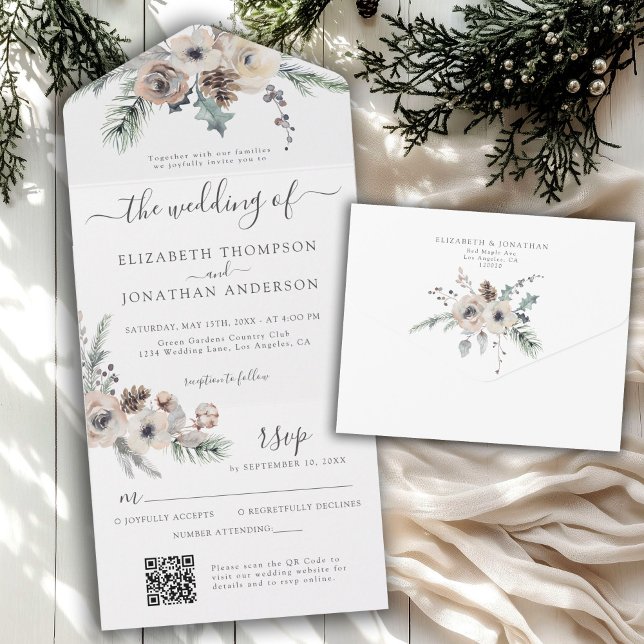 Winter Rustic Pine Floral QR RSVP Woodland Wedding All In One Invitation (Creator Uploaded)