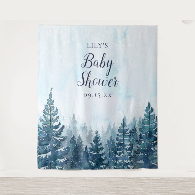 Winter Rustic Pine Forest Baby Shower Photo Prop Tapestry (Front)