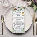 Winter Rustic Pine Lantern Wedding Menu<br><div class="desc">Enhance your winter wedding decor with this "Winter Rustic Pine Lantern Wedding Menu." Designed to capture the essence of a snowy, rustic setting, this menu features elegant pine branches and a charming lantern, bringing a warm, inviting glow to your table settings. Each course is beautifully outlined against a frosty backdrop,...</div>