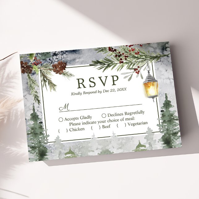 Winter Rustic Pine Tree Botanical Lantern Wedding RSVP Card (Creator Uploaded)