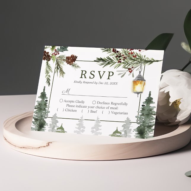 Winter Rustic Pine Trees Botanical Lantern Wedding RSVP Card (Creator Uploaded)