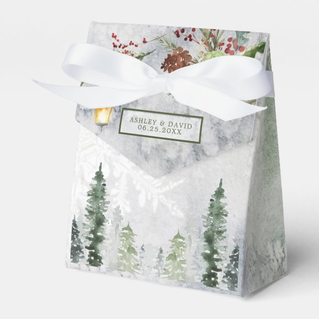 Winter Rustic Pine Trees Lantern Botanical Wedding Favor Box (Front Side)