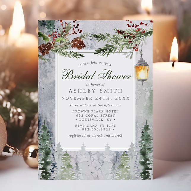 Winter Rustic Pine Trees Lantern Bridal Shower Invitation (Creator Uploaded)