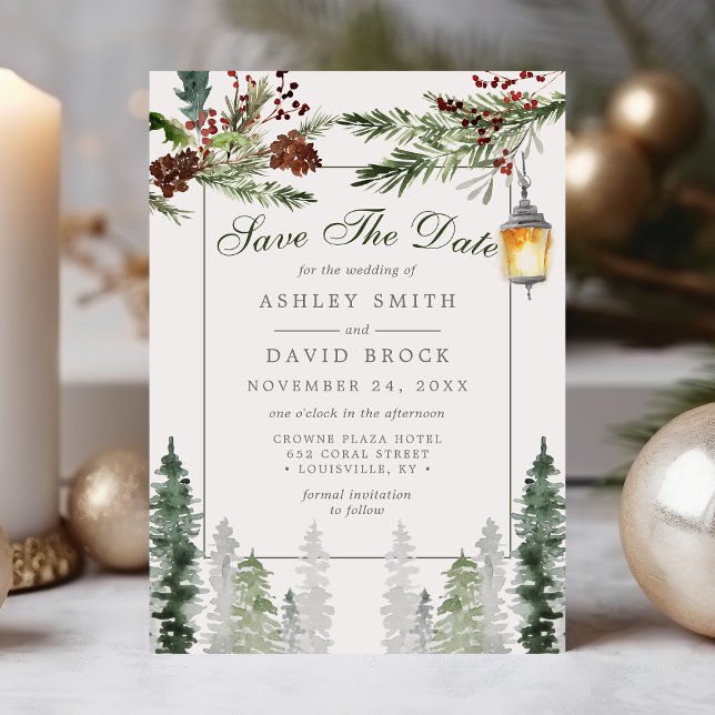 Winter Rustic Pine Trees Lantern Save The Date (Creator Uploaded)