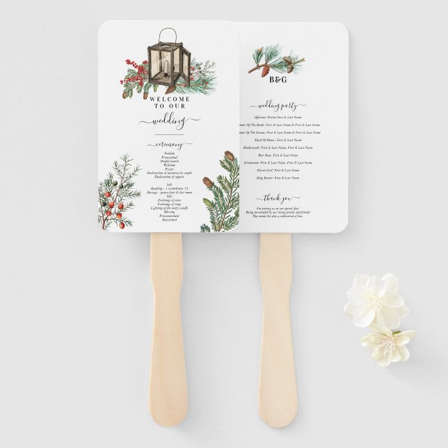 Winter Rustic Pine Trees Lantern Wedding Program Hand Fan (Front and Back)