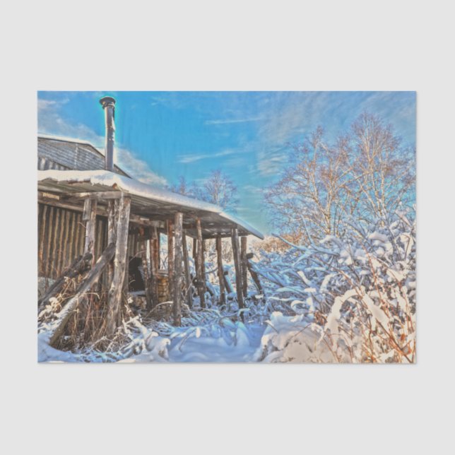 Winter Rustic Snow Covered Cabin Blue Sky Scenery Tissue Paper (Front)