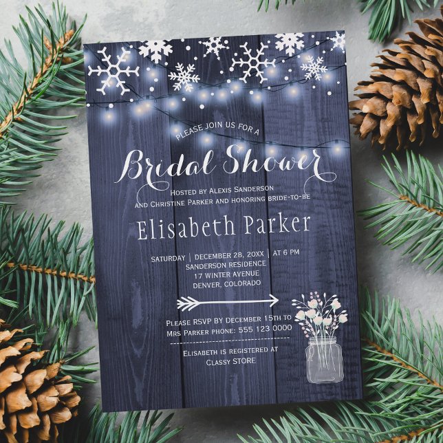 Winter rustic string lights snow bridal shower invitation (Creator Uploaded)