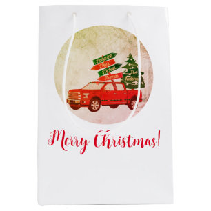 Winter Rustic Vintage Red Truck Merry Christmas Medium Gift Bag
