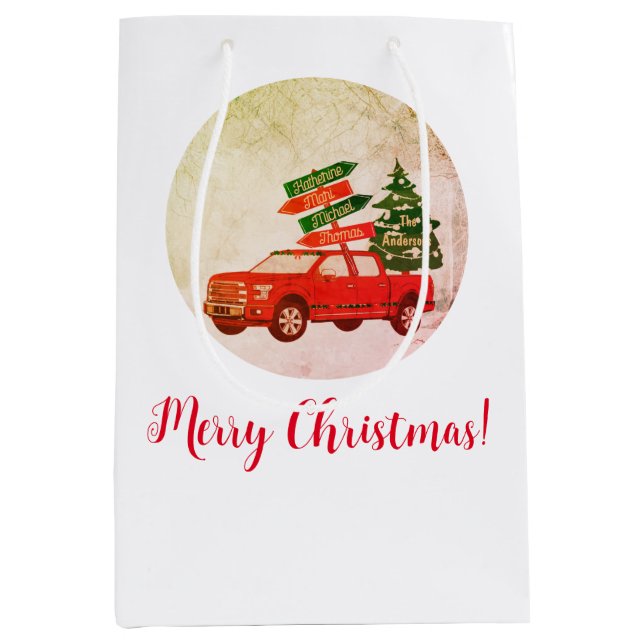 Winter Rustic Vintage Red Truck Merry Christmas Medium Gift Bag (Front)