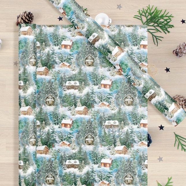 Winter Rustic Woodland Christmas Cabins Wrapping Paper (Creator Uploaded)