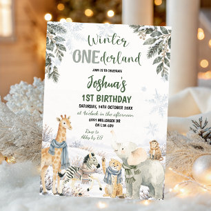 Winter Safari Animal Onderland First Birthday Invitation