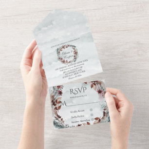 Winter Sage Brown Rustic Foliage Wedding All In One Invitation