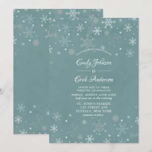 Winter Sage Watercolor White Snowflakes Wedding Invitation