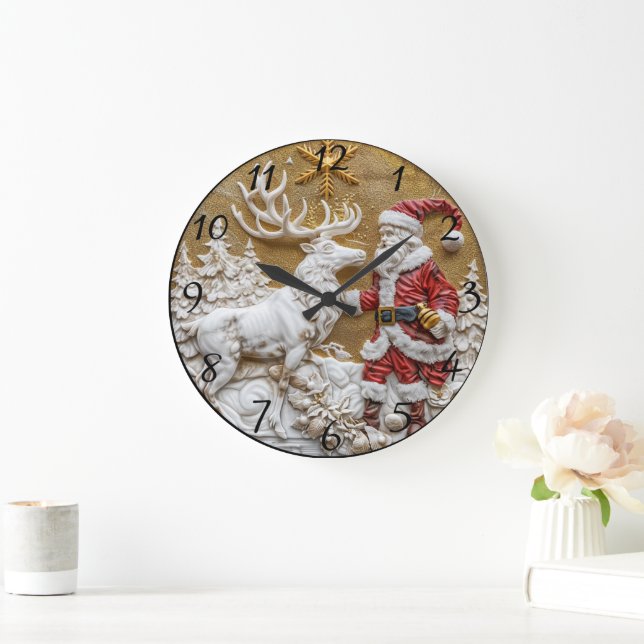 Winter Santa and reindeer celebration Large Clock (Home)