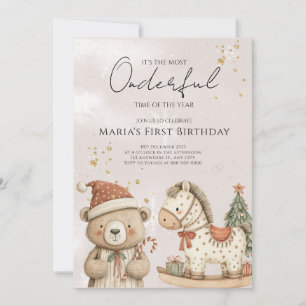 Winter Santa Bear Christmas Houses Birthday Invitation