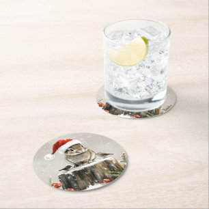 Winter Santa Bunny Wonderland Round Paper Coaster
