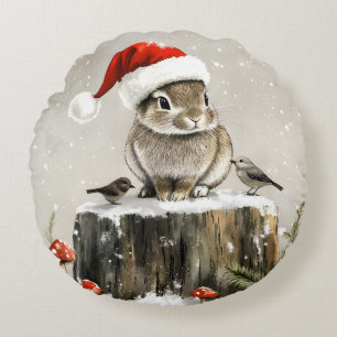 Winter Santa Bunny Wonderland Round Pillow