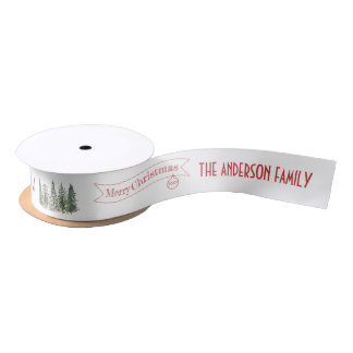 Winter Scandinavian Pine Tree Merry Christmas Satin Ribbon