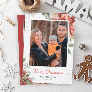Winter Scarlet Red Floral Merry Christmas 2 Photo Holiday Card