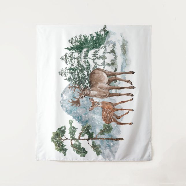 Winter Scene back drop Dear and Pine tree snow vie Tapestry (Front)