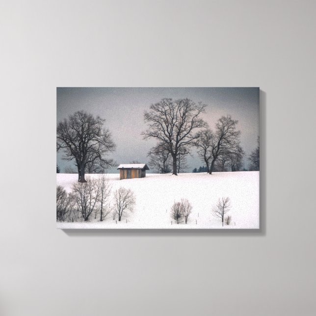 Winter scene, hill and trees, hut canvas print (Front)