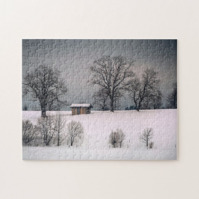 Winter scene, hill and trees, hut jigsaw puzzle (Horizontal)
