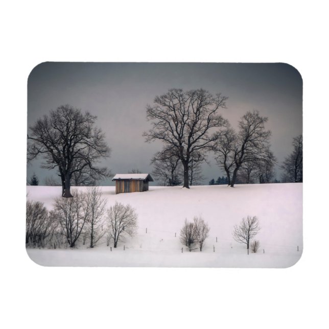Winter scene, hill and trees, hut magnet (Horizontal)